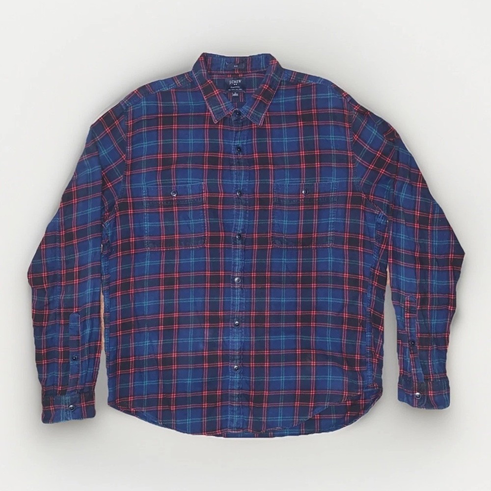 J.CREW Factory Flannel Shirt Men XL Blue Red Green Plaid Slim Button Up
